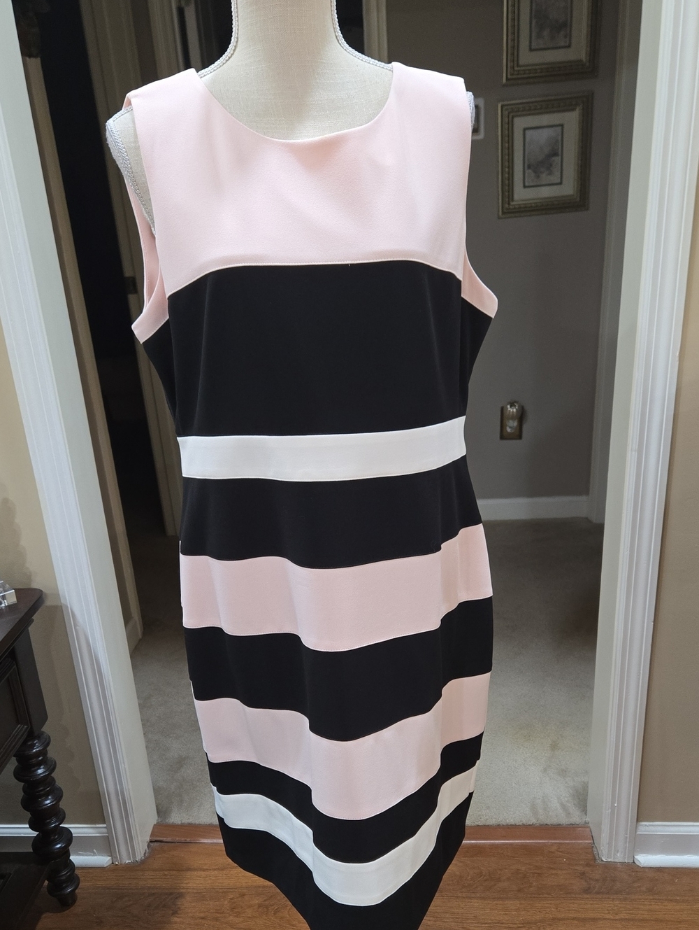 Tommy Hilfiger Pink Black White Striped Sleeveless Dress Stretch Size 16 EUC